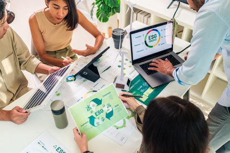 diversity team brainstorming focused on ESG (environment,social,governance)  for sdgs goals in a...