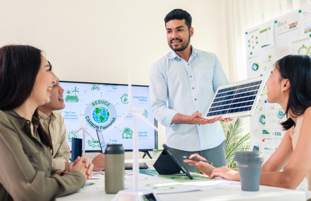 Diversity team presentation new design solar cell panel renewable energy innovation at officeの写真素材