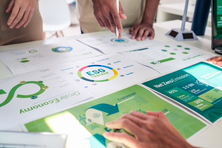 close up diversity team brainstorming focused on ESG (environment,social,governance)  for sdgs goals in a sustainable green officeの写真素材