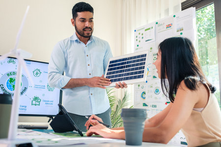 Diversity team presentation new design solar cell panel renewable energy innovation at officeの写真素材