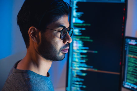 Indian software development working on coding  computer screen and flowchart at night in modern...