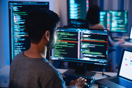 Asian software developers working on multiple screens displaying code and application diagrams at night in modern officeの写真素材