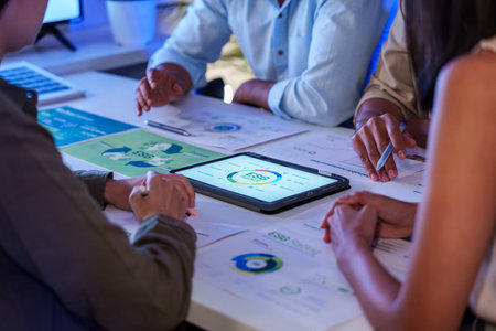 diversity team discusstion about esg and eco friendly system planning in sustainable green office at...