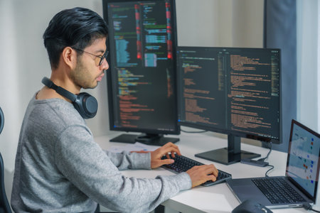 Asian man  prompt engineer develop coding app with software data sitting in front of computer monitor at officeの写真素材