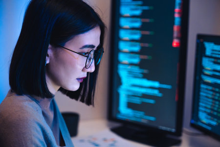 Asian woman  software development working on coding  computer screen and flowchart at night in modern officeの写真素材
