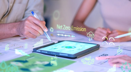 close up diversity team brainstorming virtual focused on ESG  net zero...