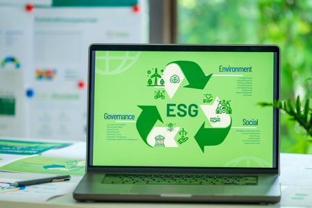 ESG ( environment, social,governance) recycle sign on laptop screen with carbon free chart board in...