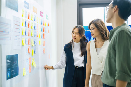 brainstorming session, using sticky notes on a task board (kanban) to organize ideas and workflow in...
