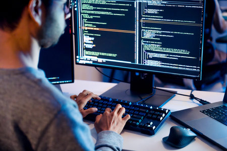Indian software development working on coding  computer screen and flowchart at night in modern...
