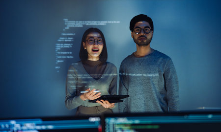 Asian Two software developers engaged in collaborative coding session, with code projected onto the wall and multiple computer screens displayingの写真素材