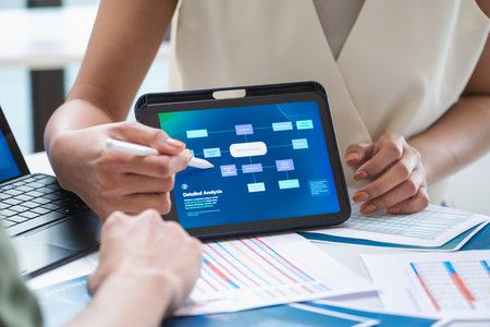 close up hand team of financial discussion fintech  technology planning, analyzing digital financial...