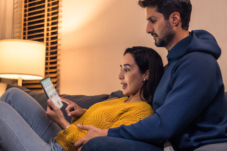 hispanic Couple using digital tablet and browsing online shopping at home during a night promotionの写真素材