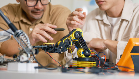 engineering robot technology with asian programmer innovation and research teamwork in coding...
