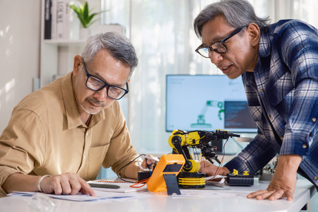 asian Senior engineer programming robot arm in automation and electronics technology lab