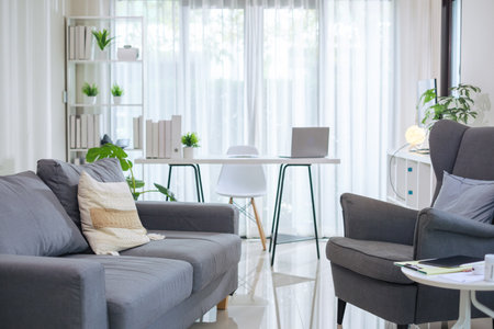 Health center with clean sofa, organized modern workplaceの写真素材