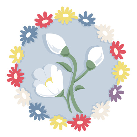 Lovely white snowdrop flower on white - nice spring blossom country icon - background for Easter wish - group of yellow flowers in blue circle - flatten isolated illustration masterのイラスト素材