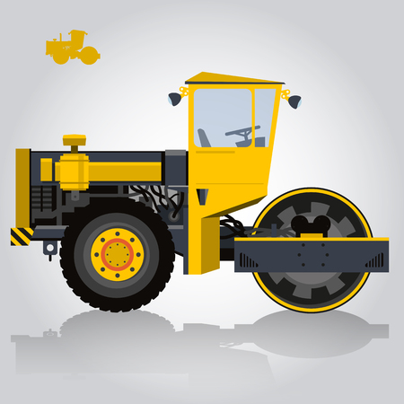 Yellow big roller builds roads. Digging of sand, coal, waste rock and gravel. Big golden Steamroller - roadroller. Construction and equipment element. Master flatten vector illustration.のイラスト素材