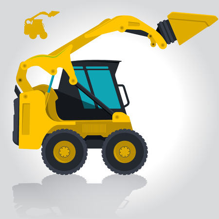 Yellow Small Digger Builds Roads Building Material Loads Bagger