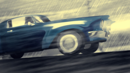Blue fast car speed in rain. Crasch a glass. Dramatic noir situation. Expressive representation of action and ride Darkened dusty street.の写真素材