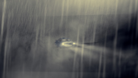 Blue fast car speed in rain. Crasch a glass. Dramatic noir situation. Expressive representation of action and ride Darkened dusty street.の写真素材