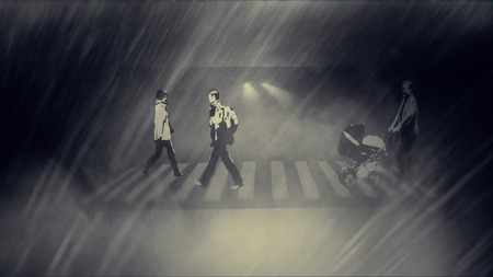 Blue fast car speed in rain. Crasch a glass. Dramatic noir situation. Expressive representation of action and ride Darkened dusty street.の写真素材