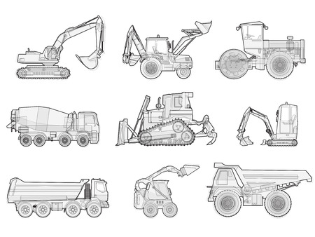 Black and white wire big set of ground works machines vehicles. Construction equipment for building. Truck, Digger, Crane, Forklift, Small Bagger, Mix, Roller, Extravator master vector illustrationのイラスト素材