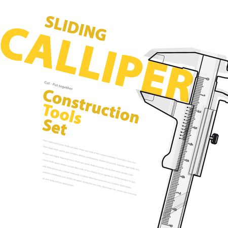 Yellow and orange typography set of wire construction tools. Black and white sliding calliper gauge. Flatten vector illustration master. Nice catalog page.のイラスト素材