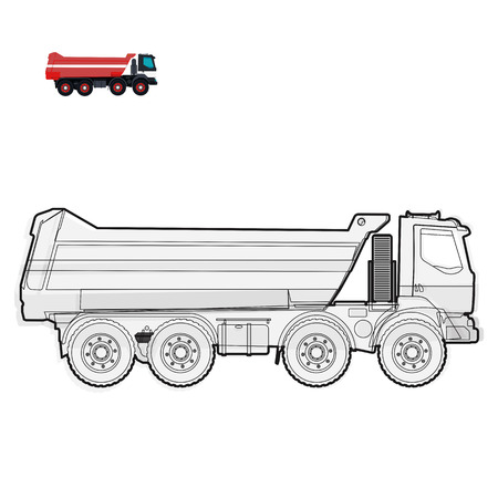 Black and white wire big truck builds roads on white Digging of sand, coal, waste rock and gravel on white Black and white construction tools flatten master vector illustration icon equipment elementのイラスト素材