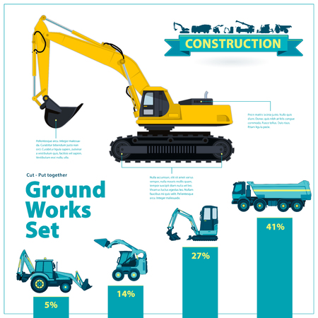 Construction machinery infographic big set of ground works machines vehicles on white background. Catalog page. Heavy equipment for building truck excavator digger beggar transportation master.のイラスト素材