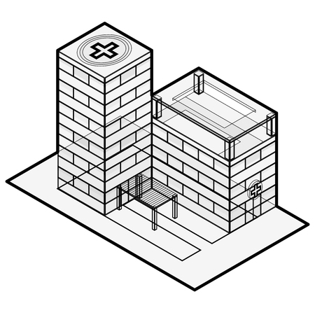 Medical Isometric building. Hospital building. Isometric building. Blue hospital. Illustration for scientific article. Blog presentation. Pharmacy pictogram.のイラスト素材