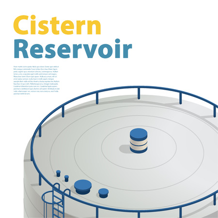 Water reservoir tanks, isometric building info graphic. Detailed Refinery accessories. Gasometer containers. Uninterruptible supply Reserves. White water supply resource. Isolated master iconのイラスト素材
