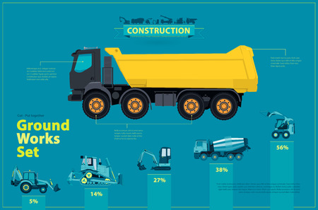 Blue infographic big set of ground works blue machines vehicles. Catalog page. Heavy construction equipment for building digger truck crane excavator bagger mix roller transportation master vector.のイラスト素材