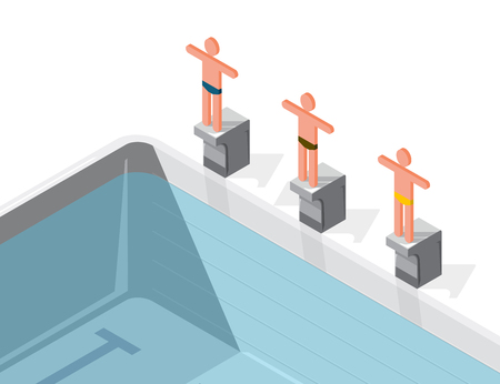 Swimming pool with swimmers, isometric. Sportsmen on springboard prepare to swim in water. Race swimmers jump start it. Sport article illustration. Pictogram 3d element. Flatten isolated master vectorのイラスト素材
