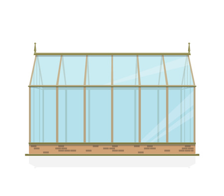 Greenhouse with glass walls, foundations and gable roof, side view. Horticultural Conservatory for growing vegetables and flowers. Classic cultivate greenhouse gardening. Year-round growing object.のイラスト素材