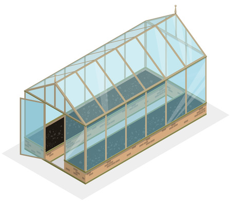 Isometric greenhouse with glass walls, foundations, gable roof and garden bed. Vector Horticultural Conservatory for growing vegetables and flowers. Classic cultivate greenhouse gardening.のイラスト素材
