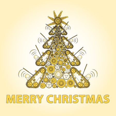 Bizarre machine Christmas tree build from ground works vehicles wheels components. Construction equipment for building. Truck, digger, crane, bagger, roller, excavator, transportation. Outlined vectorのイラスト素材