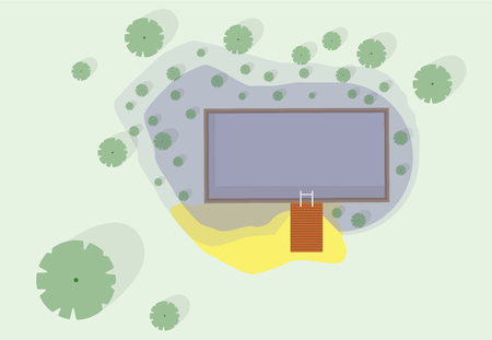Garden project at bathing pond. Oasis of calm in garden of house. Swim pond with plants and rectangular swimming area. Natural garden swimming pond. Architectural vector illustration of water surface.のイラスト素材
