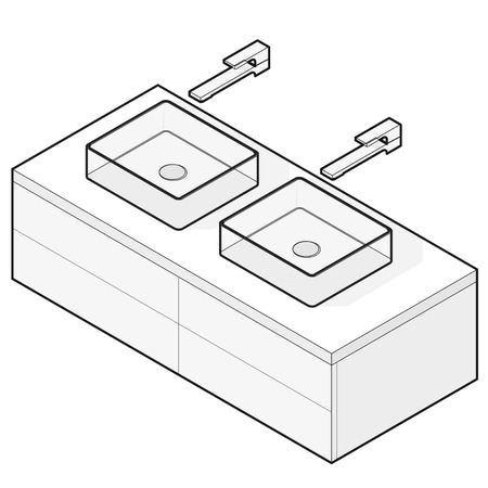 Bathroom sinks. Outlined isometric basin with tap and water. Kitchen interior info graphic element on white. Illustration household article. Pictogram domestic cleaner set. Isolated master vector.のイラスト素材