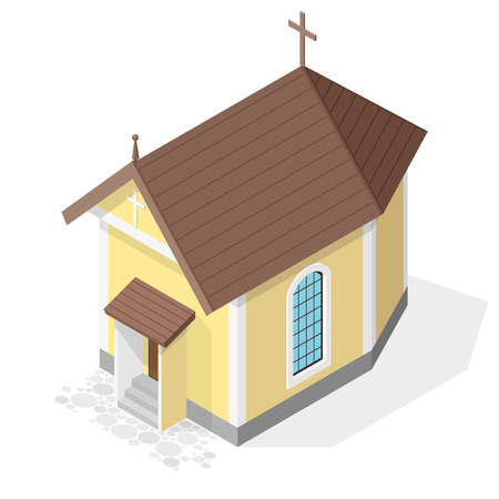 Vector small Christian church in isometric perspective, isolated on white background.のイラスト素材