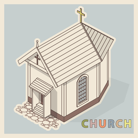 A Vector small Christian church in isometric perspective, in retro vintage style. Religious rural architecture. Building worship of God. Religion Baroque church with crucifix and colored typography.のイラスト素材