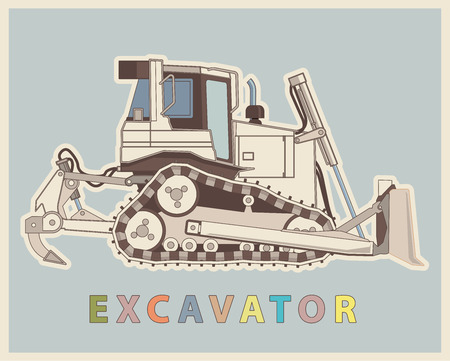 Vector low poly digger in retro style color. Vintage Sophisticated elaborated excavator.のイラスト素材