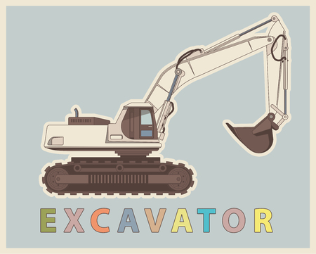 Vector low poly digger in retro style color. Vintage Sophisticated elaborated excavator.のイラスト素材
