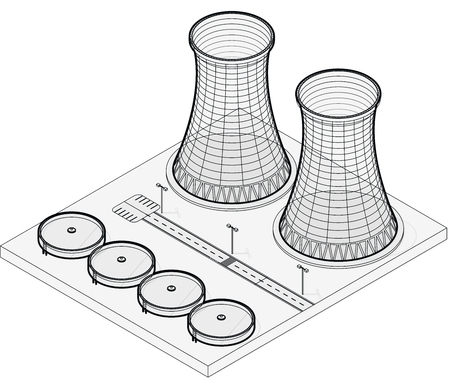 Vector isometric cooling system of nuclear power plant, isolated on white background. Cooling tower of power station. Concrete thermal power plant tower in outline stylization. Industrial architectureのイラスト素材