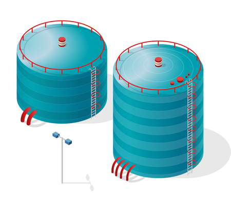 Water reservoir isometric building info graphic. Blue water reservoir. White water supply resource. Pictogram industrial chemistry cleaner set with blue details. Flatten isolated vector icon.のイラスト素材