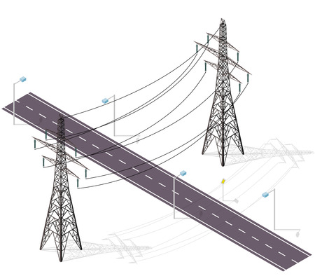 Road for cars crossed by high voltage lines, street lamps. Infrastructure intersecting. Vector high voltage pylon on white isolated background in isometric perspective. Industrial metal pole voltage.のイラスト素材