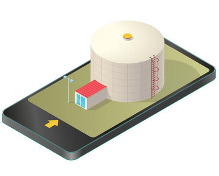 Grain silo isometric building in mobile phone, isometric. Ochre seed lift agriculture, farming, husbandry in communication technology paraphrase. Isolated vector illustration, white background.のイラスト素材