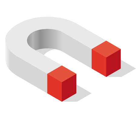Magnet symbol, isometric perspective. Pure shadowed shape in gray, red colors. Isolated on white background, drop shadow. Magnetic force power, attraction, magnetization and repulsion. Low poly vectorのイラスト素材