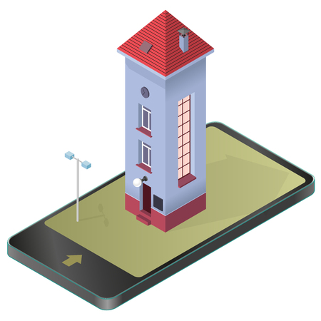 Tall and slim house in mobile phone. Isometric blue building with red roof in communication technology. Funny architecture. High, slender building with windows, door, chimney. Flatten isolated vector.のイラスト素材