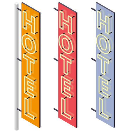 Hotel signboard. Neon outdoor advertising on the motel facade in three color variants. Hotel sign in isometric perspective isolated on white background. Isolated marquee, vector info graphic illustration.のイラスト素材