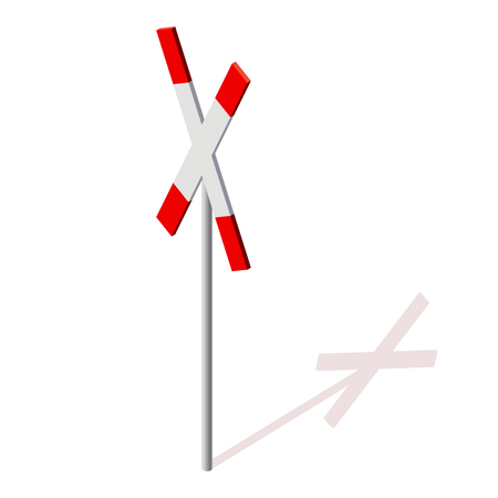 Railway cross sign. Prohibition of railway. Strict ban on construction of track, forbid. Stop transport caution. Vector rail line warning symbol, isolated on white background, isometric.のイラスト素材